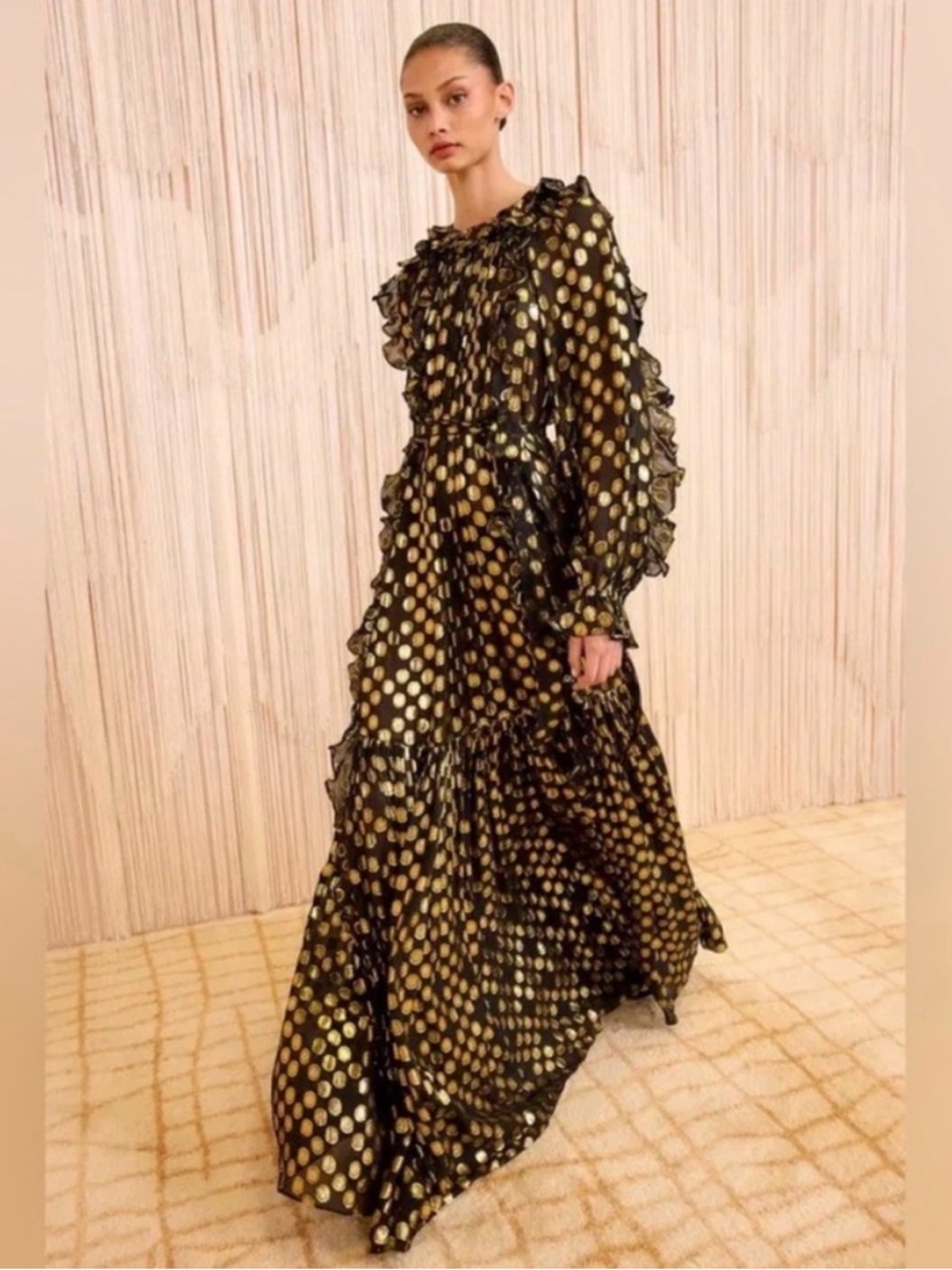 Ulla Johnson Black Maxi Dress with Gold Polka Dots